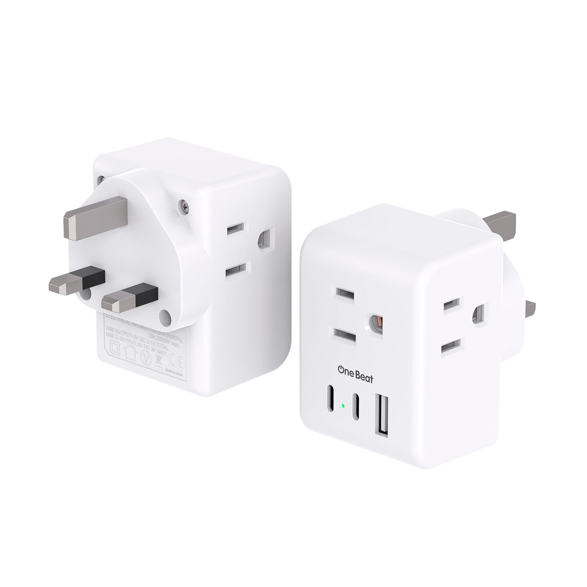 One Beat 2-Pack travel adapter front view, compact 6-in-1 design for UK connections.