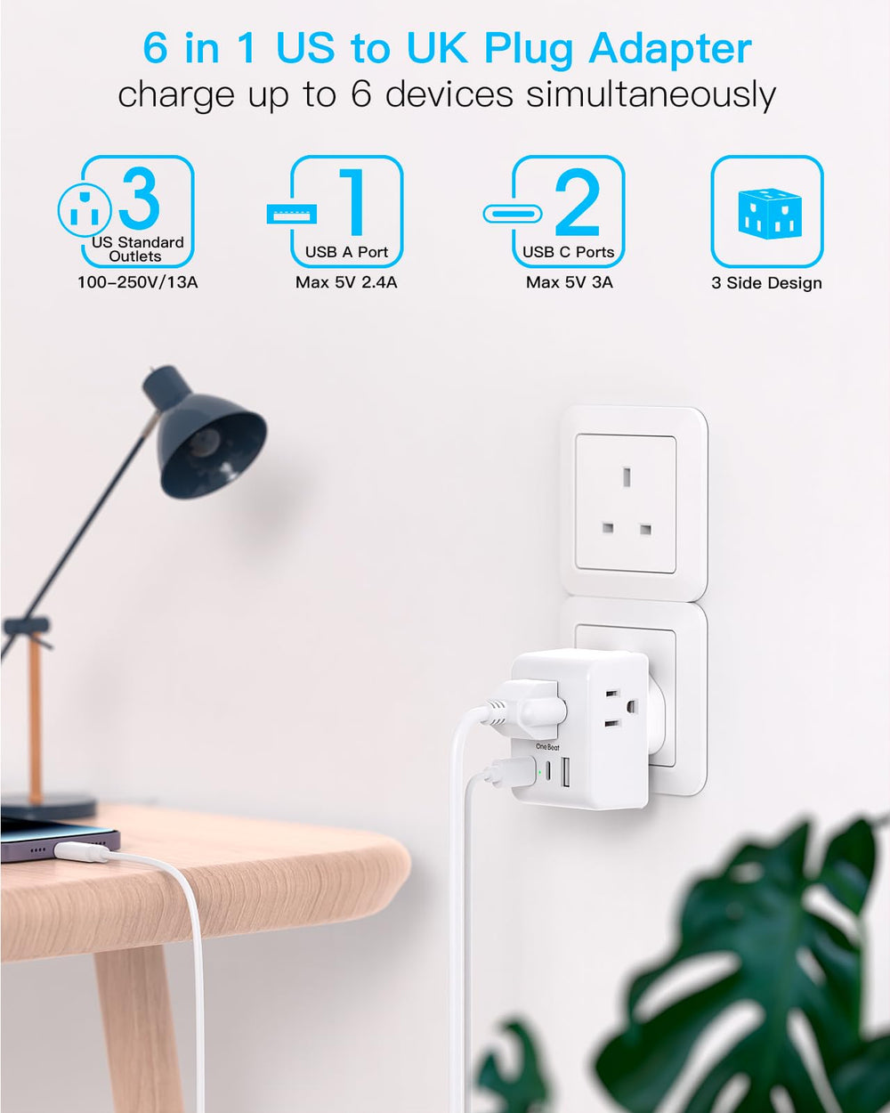 One Beat adapter side angle highlighting four USB ports for simultaneous charging.