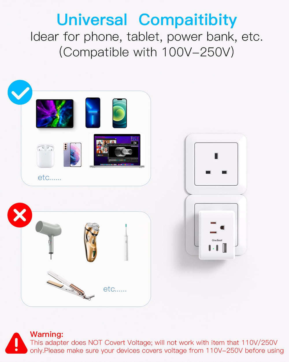 One Beat UK plug adapters with indicator light for on/off status.