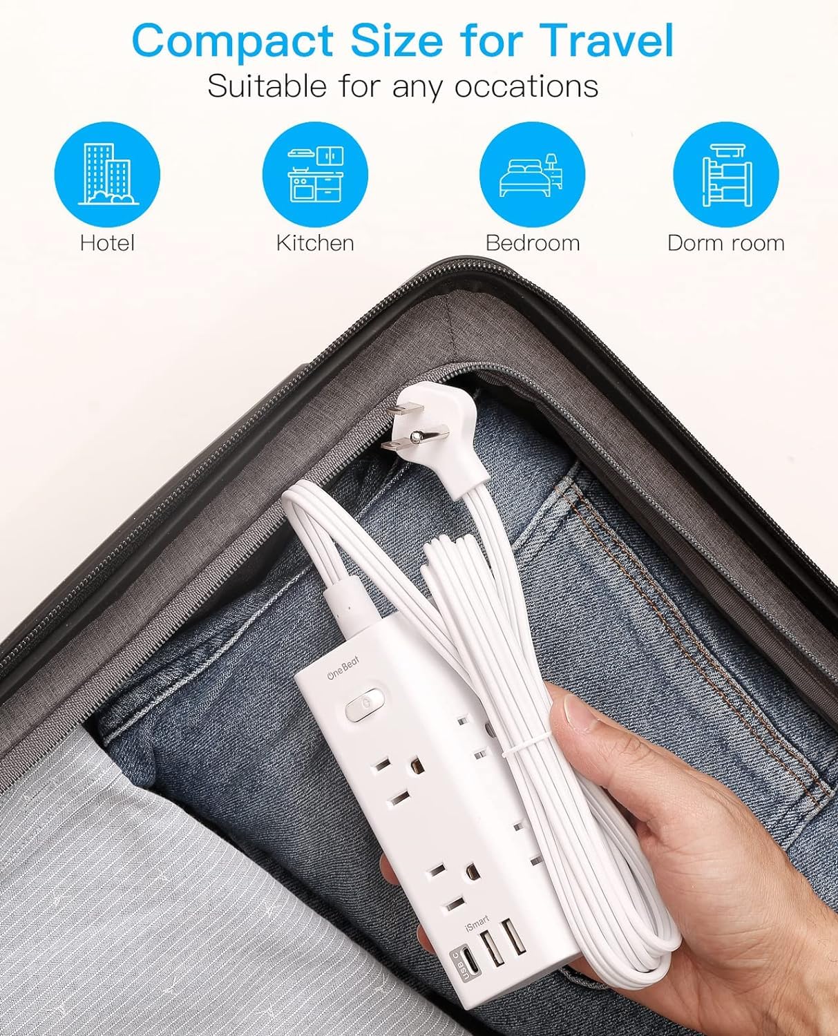 One Beat compact desk power strip fits larger adapters with evenly spaced outlets.