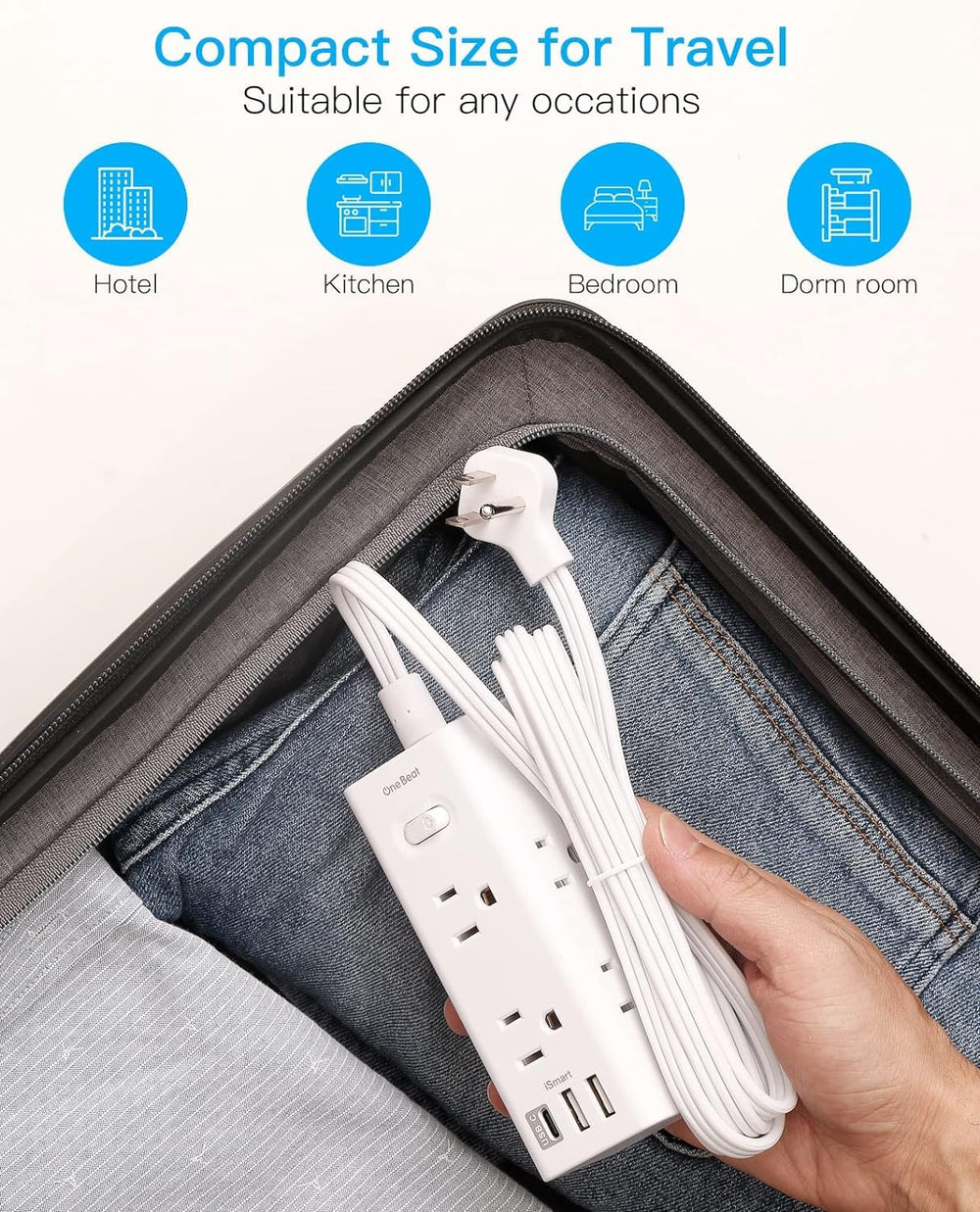 One Beat compact desk power strip fits larger adapters with evenly spaced outlets.