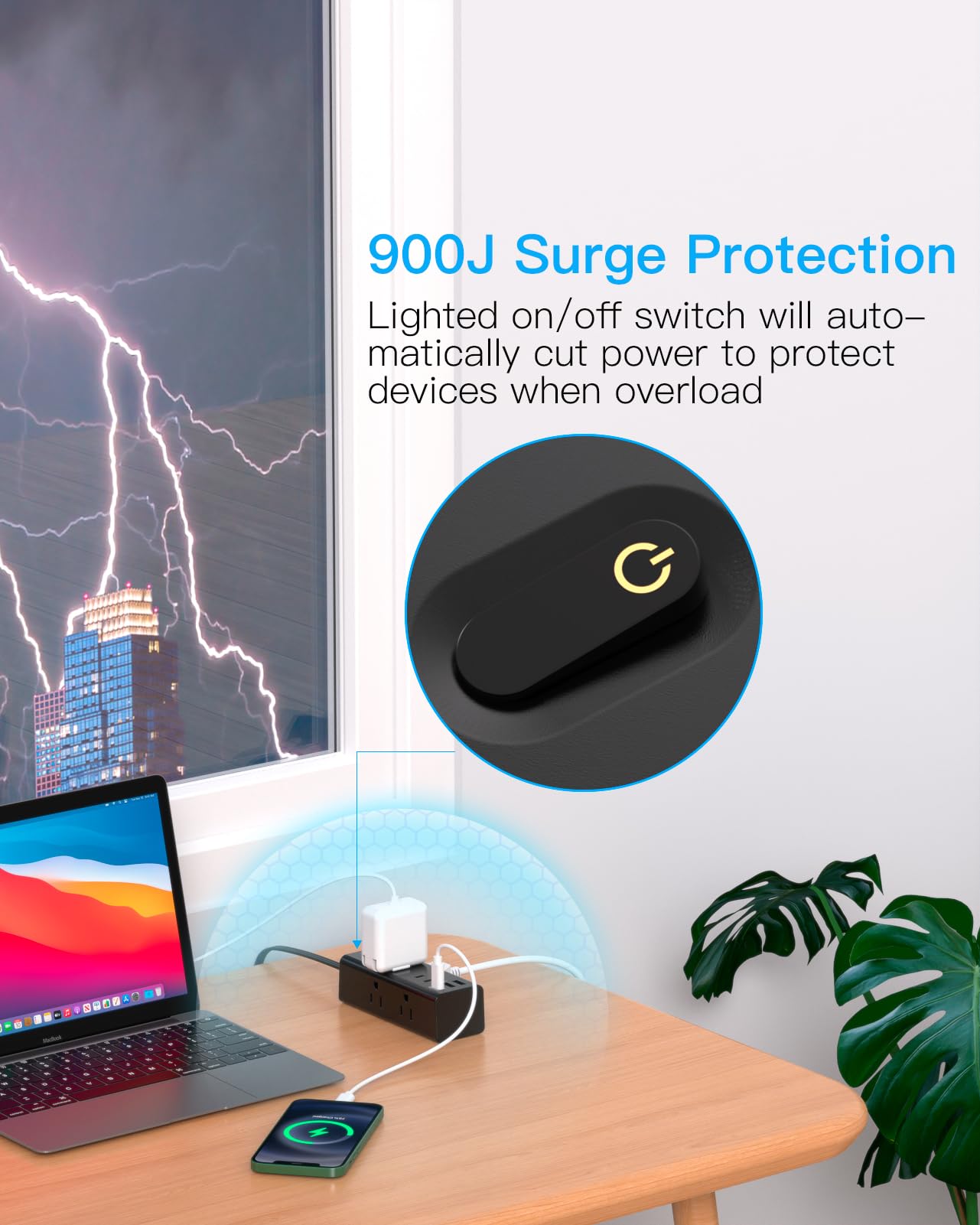 One Beat compact desk power strip fits neatly on a workspace.