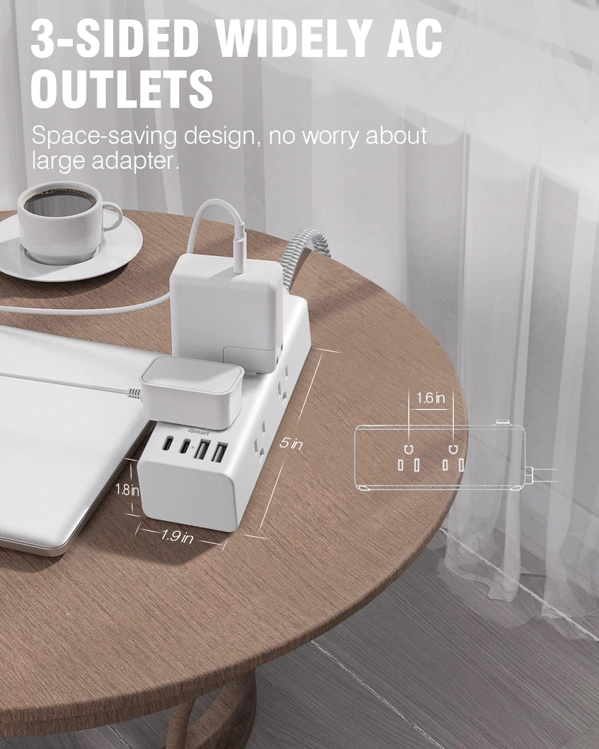 Compact One Beat power strip on a travel desk setup