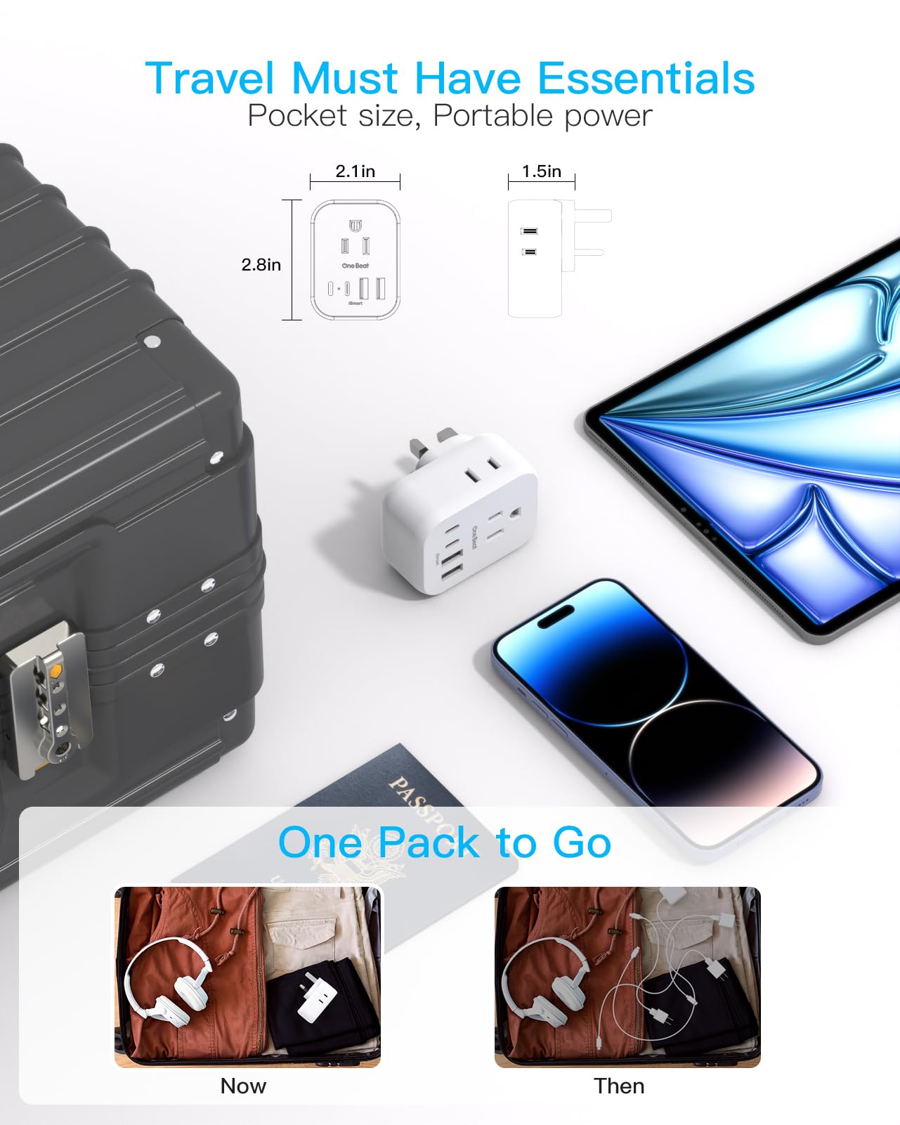 One Beat compact two-pack travel plug adapter ideal for luggage and bags.