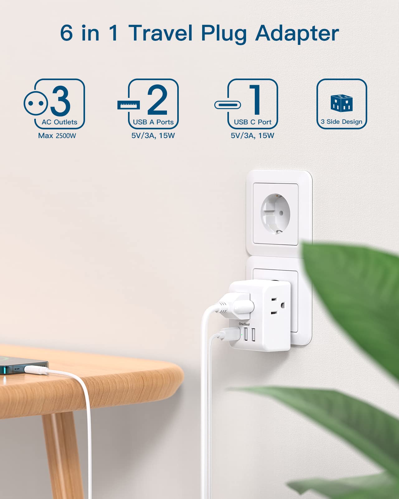 One Beat EU adapter showing USB-A and USB-C ports for versatile charging.