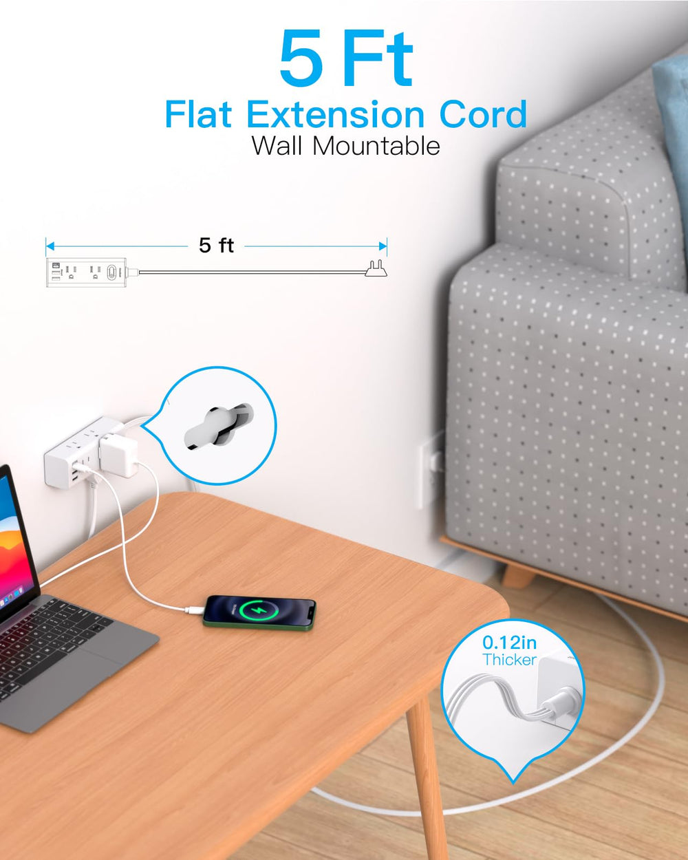One Beat five-foot extension cord provides flexible reach for dorm desks.