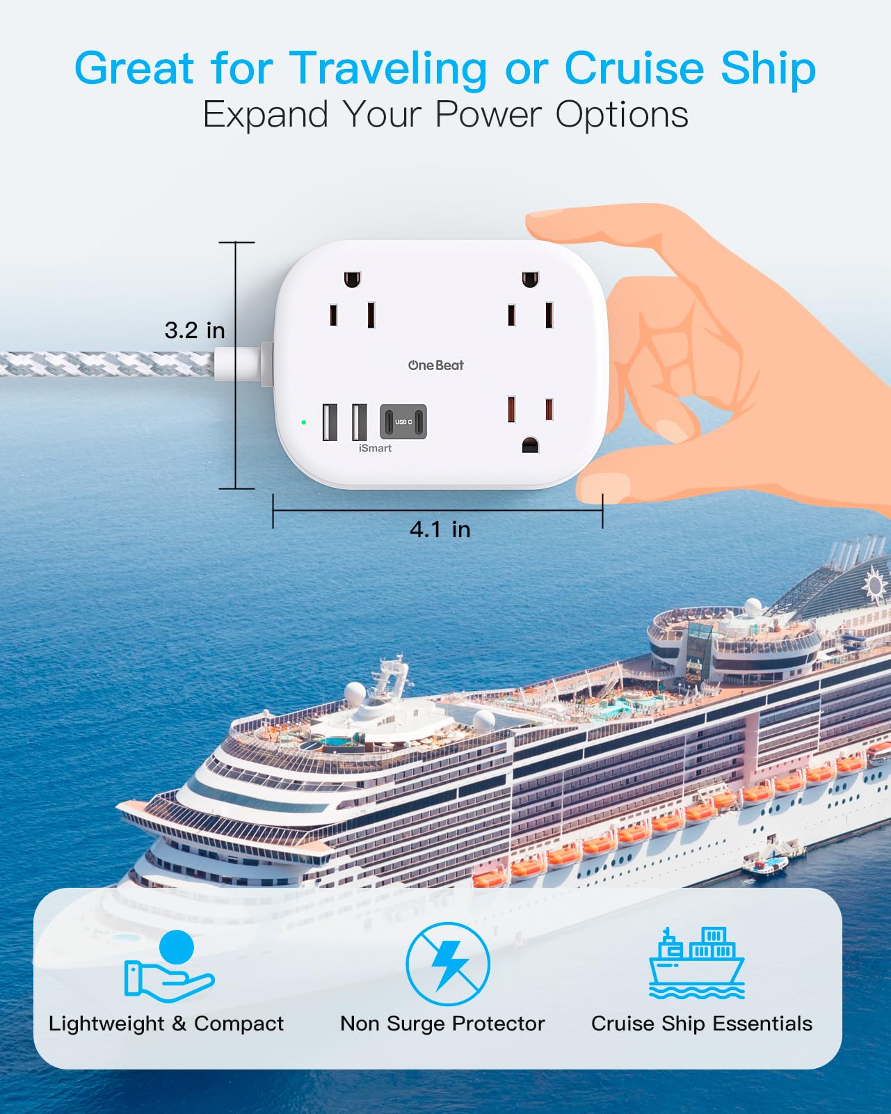 One Beat flat-plug power strip with 5ft braided cord saves outlet space