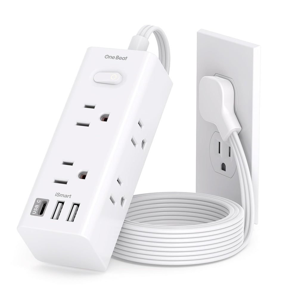 One Beat flat-plug power strip ideal for close-to-wall installation.