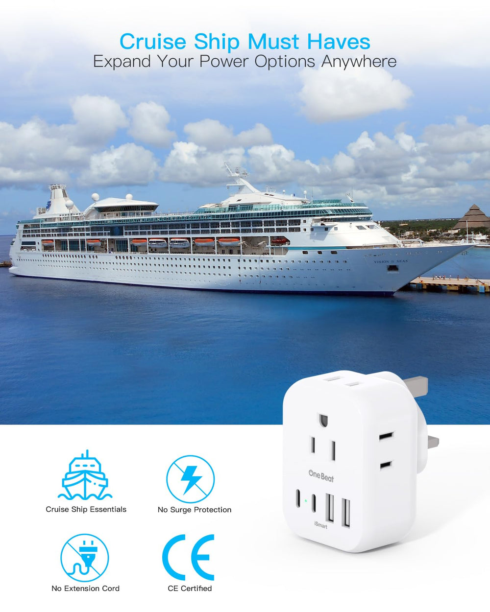 One Beat safety-focused travel adapter with safeguards for devices.