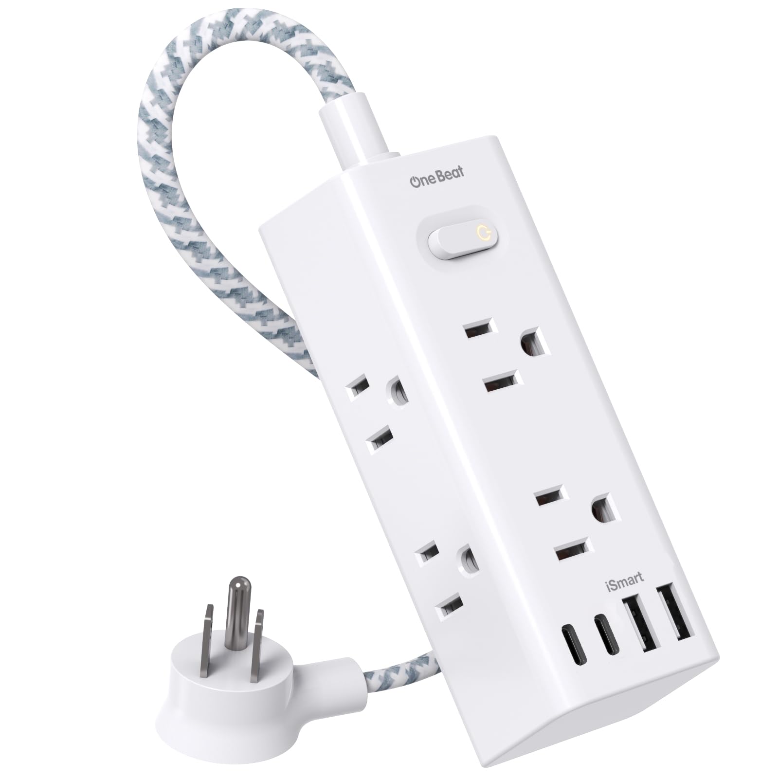 One Beat short extension cord with flat plug shown against a desk edge for travel use