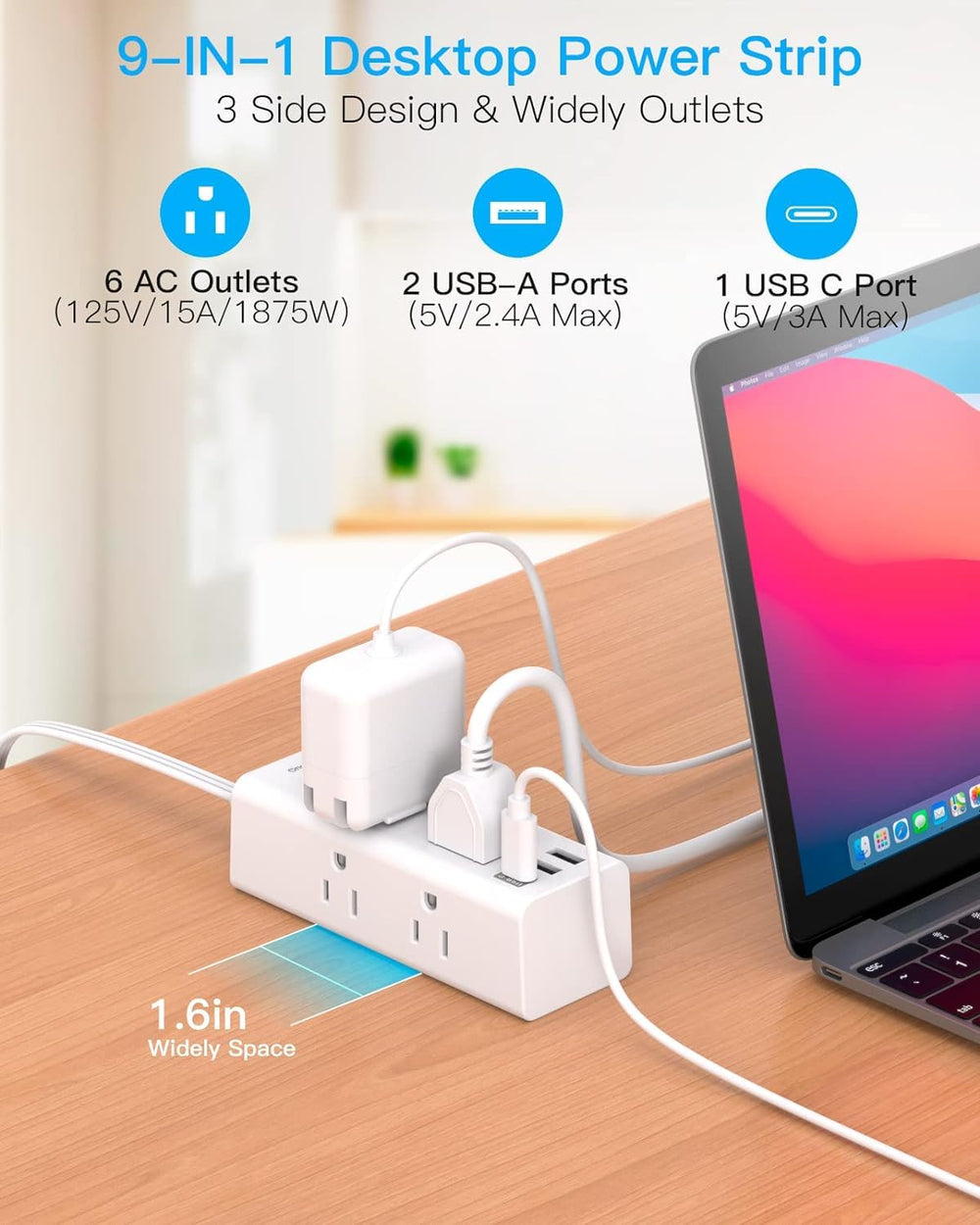 One Beat six-outlet USB-C layout powers multiple devices.