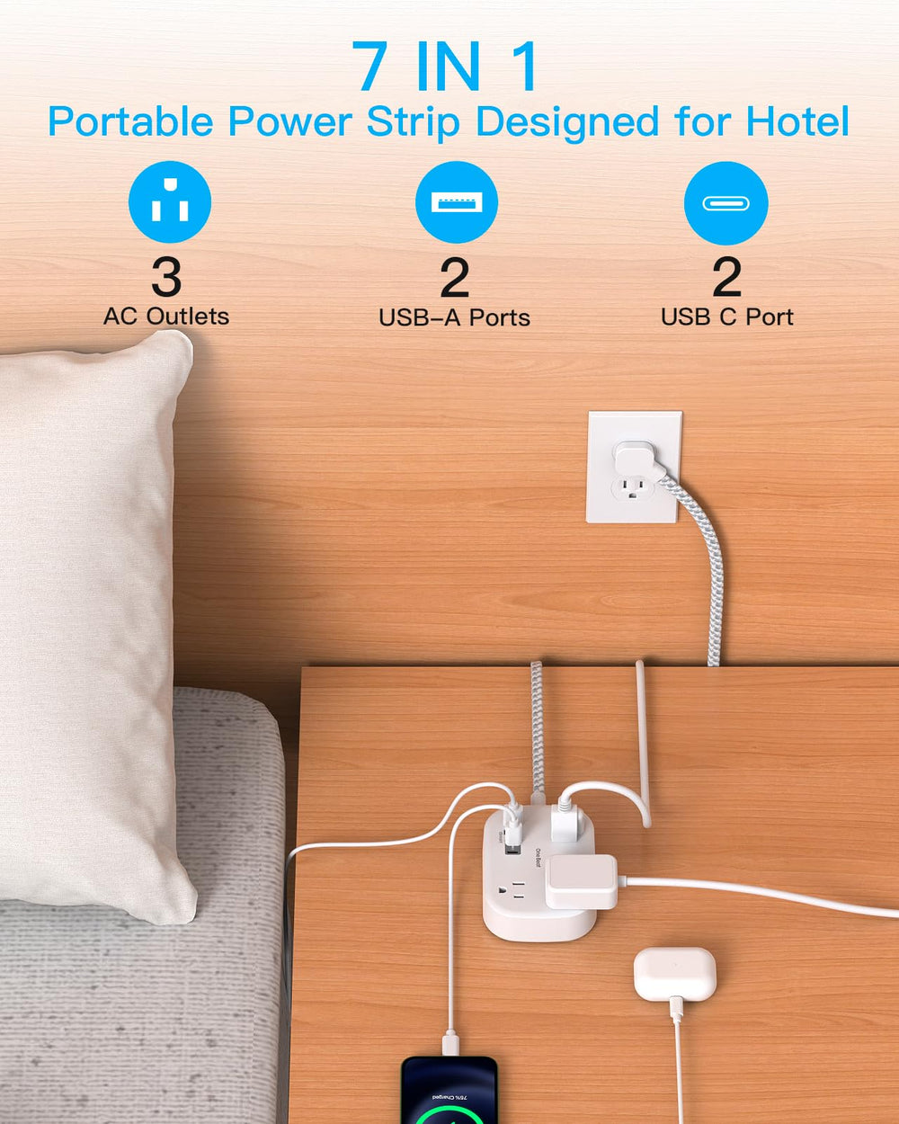 One Beat travel power strip with multiple USB ports for organized charging on trips