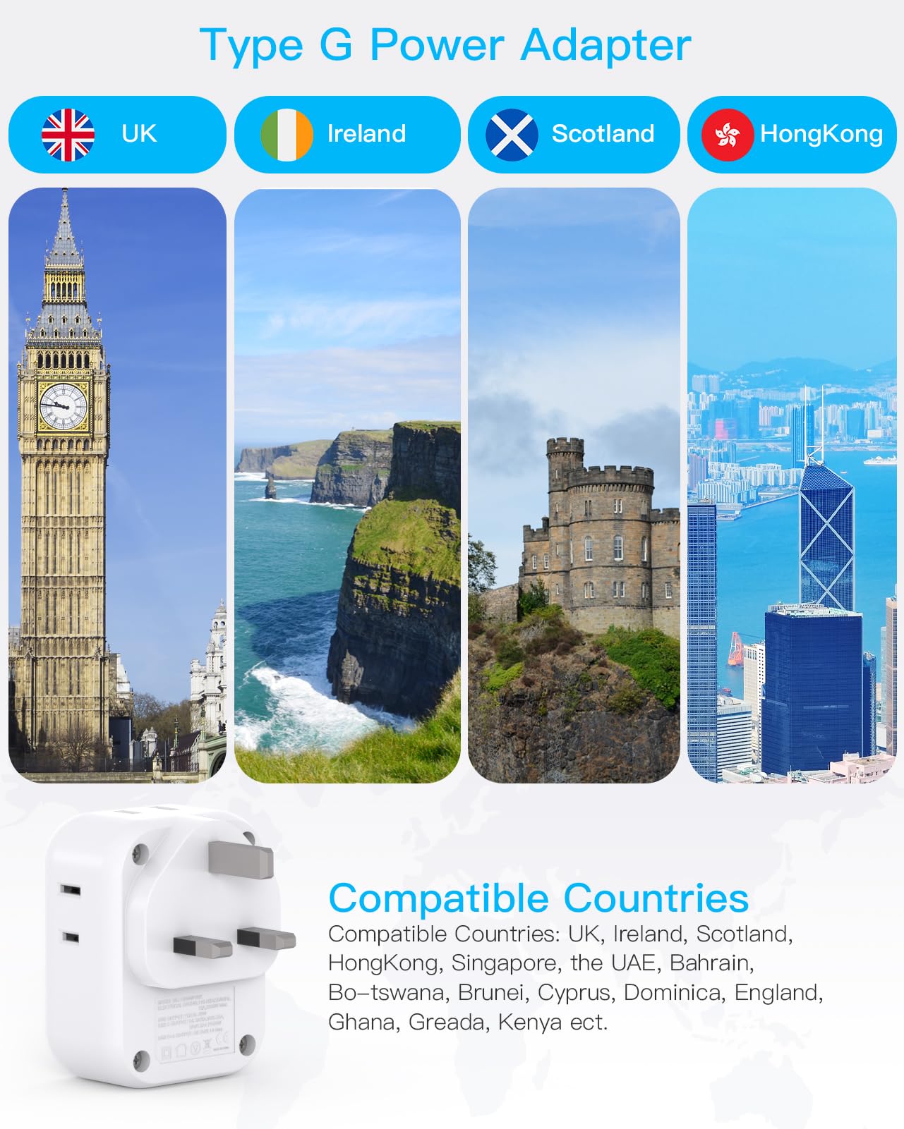 One Beat UK travel plug adapter displaying four USB ports for simultaneous charging.