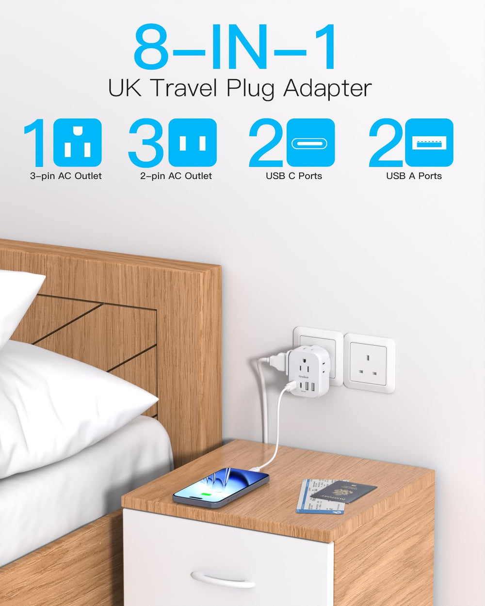 One Beat UK Type-G travel plug adapter shows four AC outlets and USB ports for multitasking.