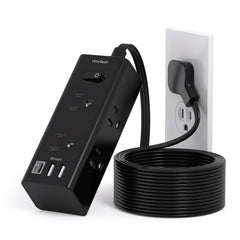 One Beat ultra-flat plug power strip with six outlets and USB ports for convenient charging.