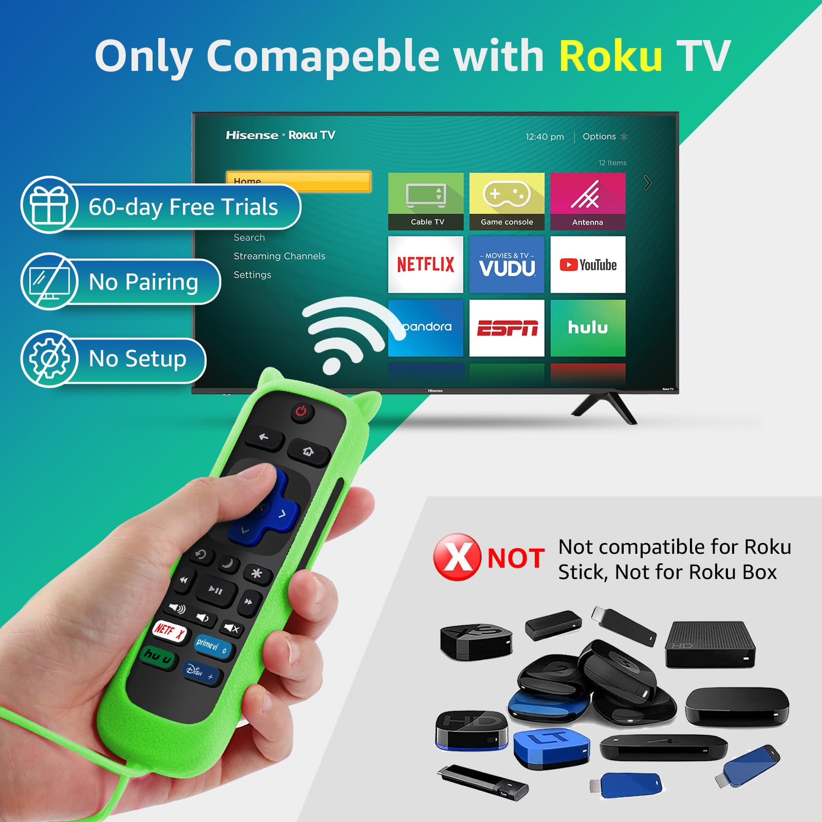 OneBom glow-dark remote cover in green and blue helps locate it.