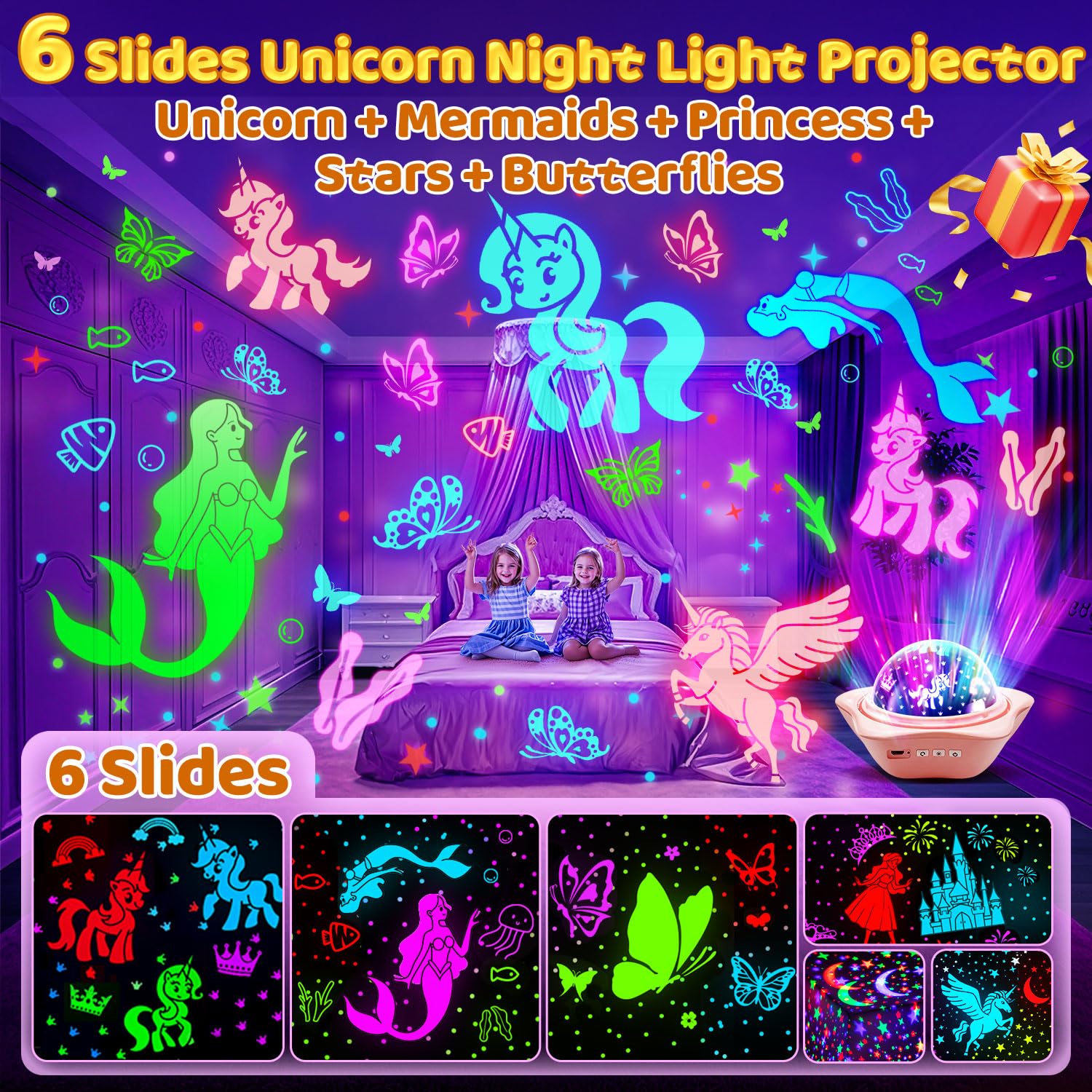 One Fire unicorn night light with stars and princess projections—safety certified for kids.