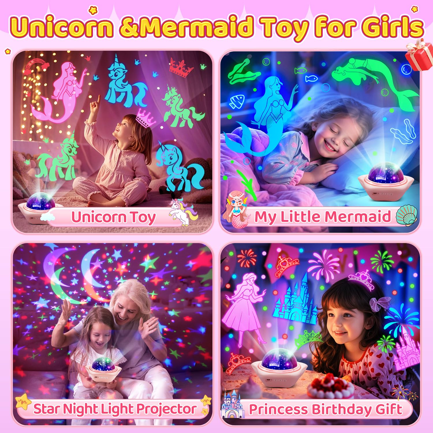 One Fire night light projects 96 scenes in 15 RGB colors for a colorful ceiling display.