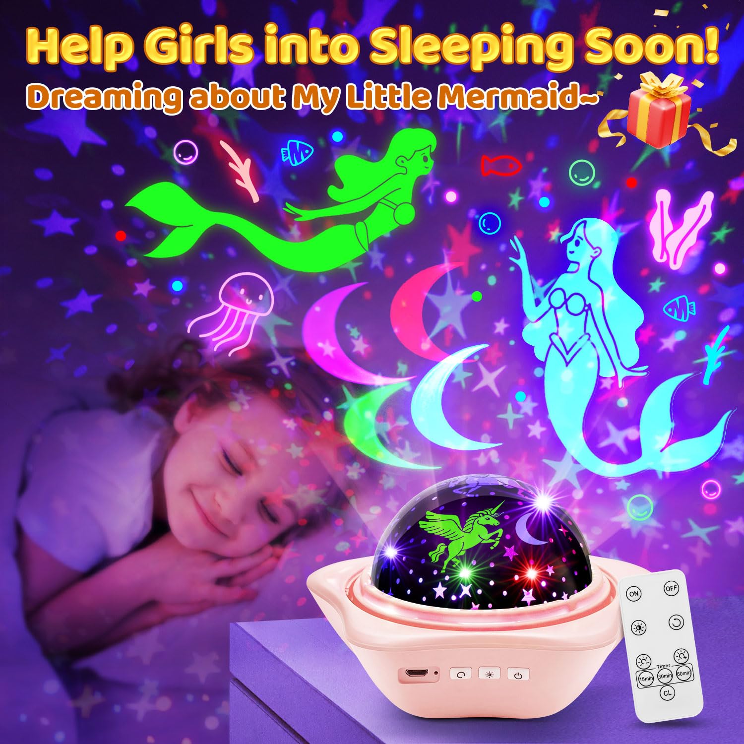 One Fire projection night light USB rechargeable—cordless for sleep-friendly portability.