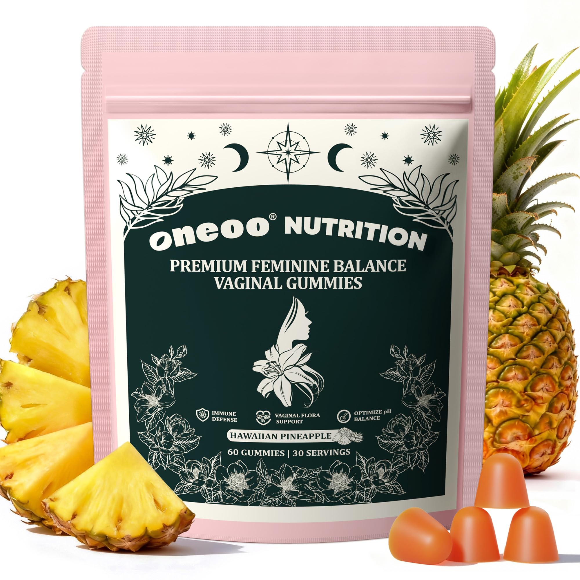 Oneoo Feminine Balance Gummies bottle showing pineapple flavor for daily wellness.