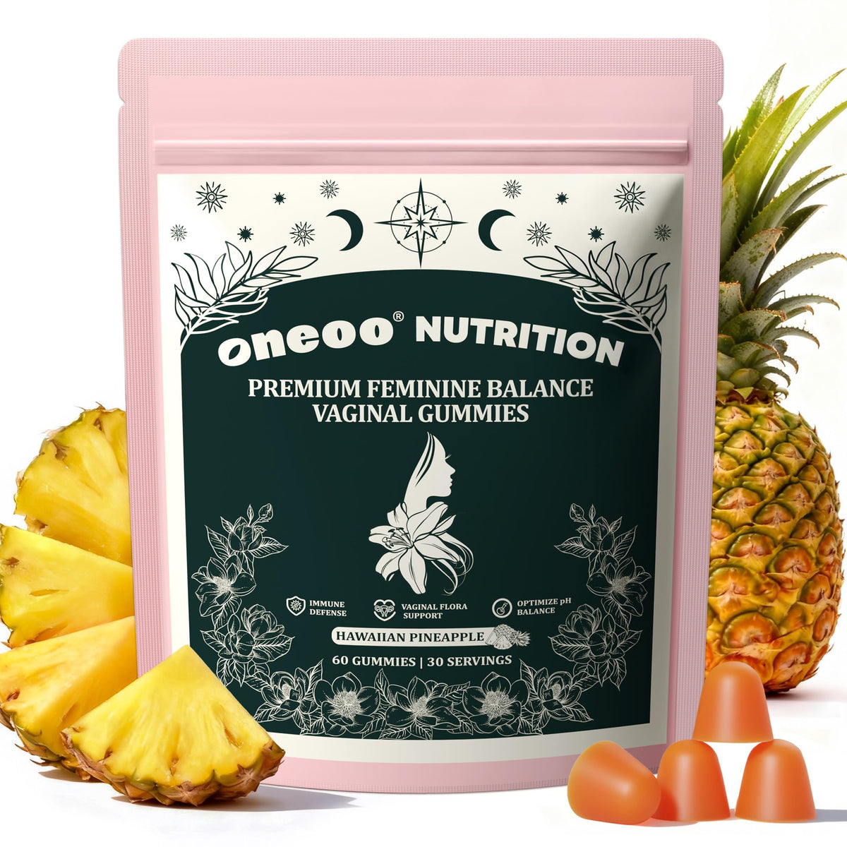 Oneoo Feminine Balance Gummies bottle showing pineapple flavor for daily wellness.