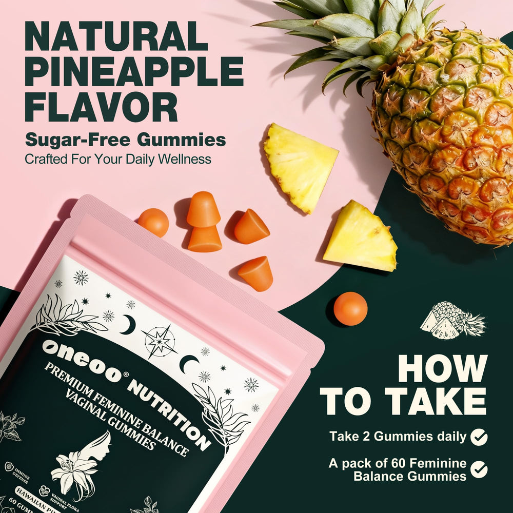 Oneoo Feminine Balance Gummies GMP badge shown on packaging.
