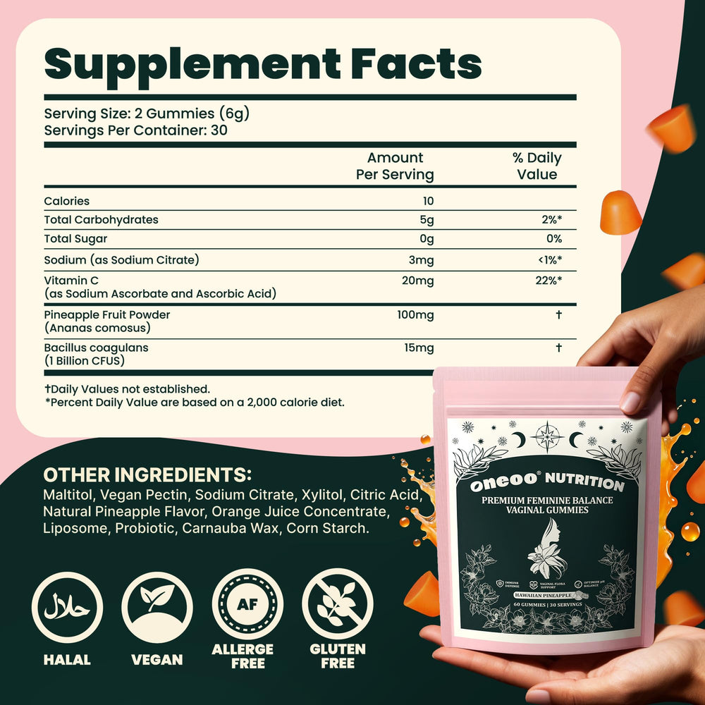 Oneoo Feminine Balance Gummies pack on display supporting daily wellness and energy.