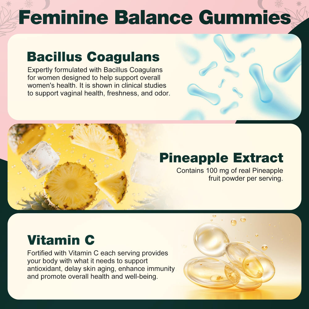 Oneoo Feminine Balance Gummies pineapple-flavored close-up highlights probiotic blend for daily care.