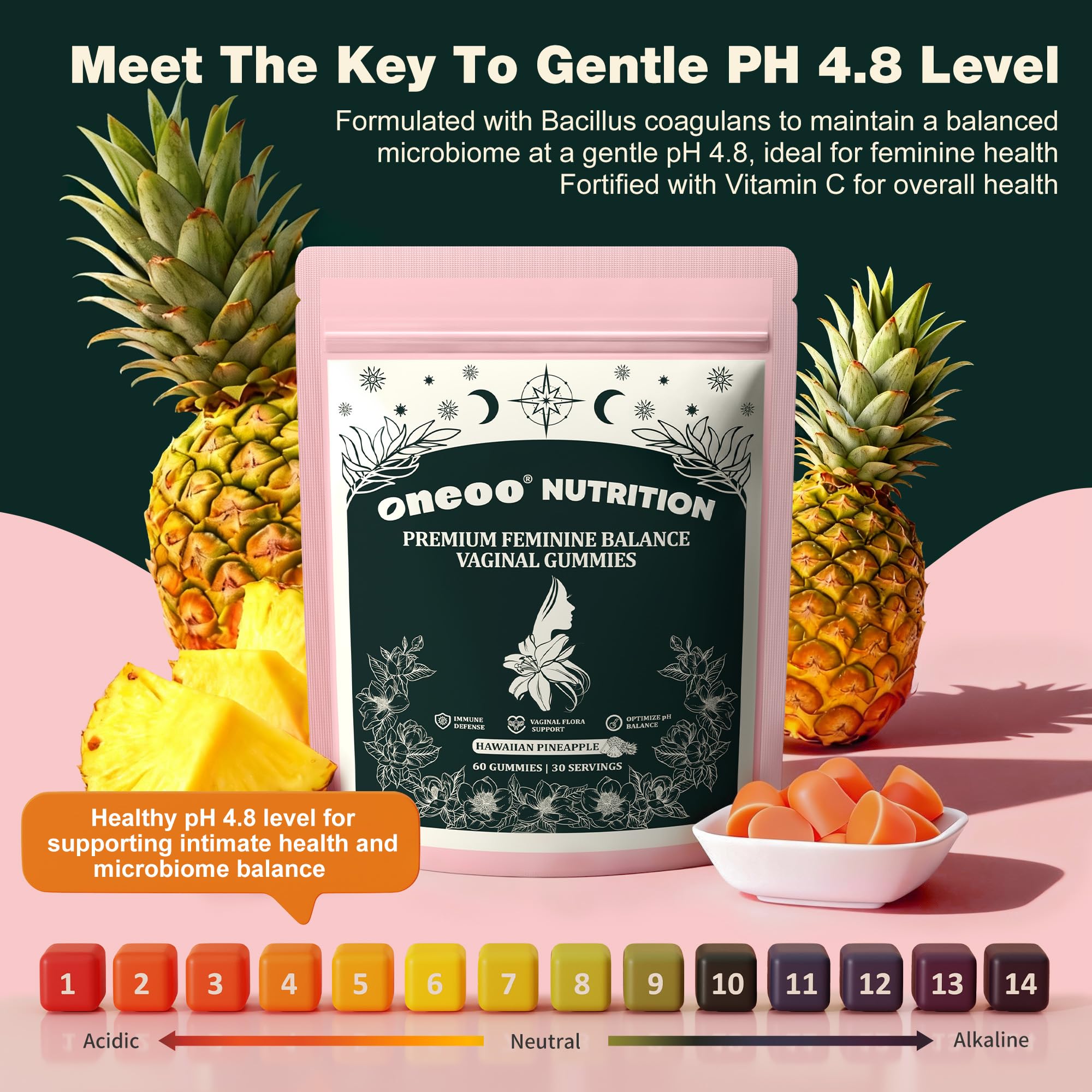 Oneoo Feminine Balance Gummies serving layout with two gummies for a daily dose.