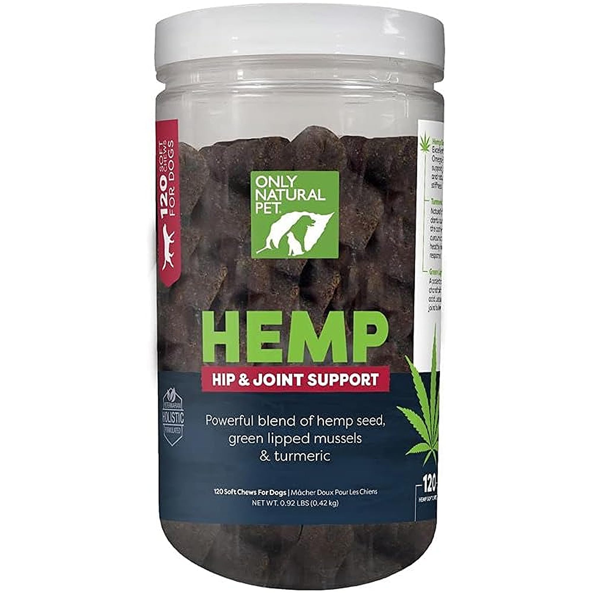 Only Natural Pet Hemp Hip & Joint bottle front promoting mobility support for dogs.