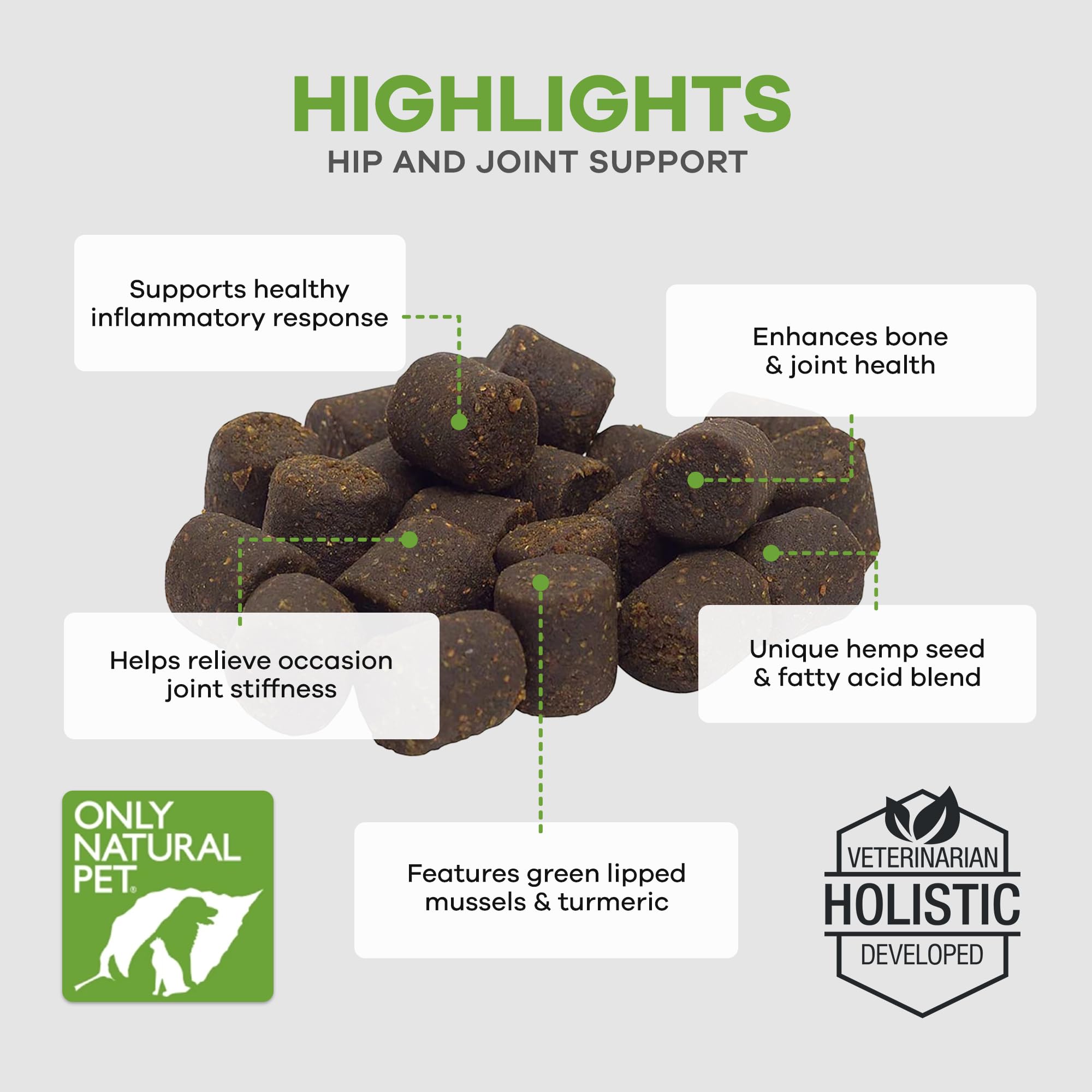 Only Natural Pet Hemp Hip & Joint bottle label highlighting inflammatory support.