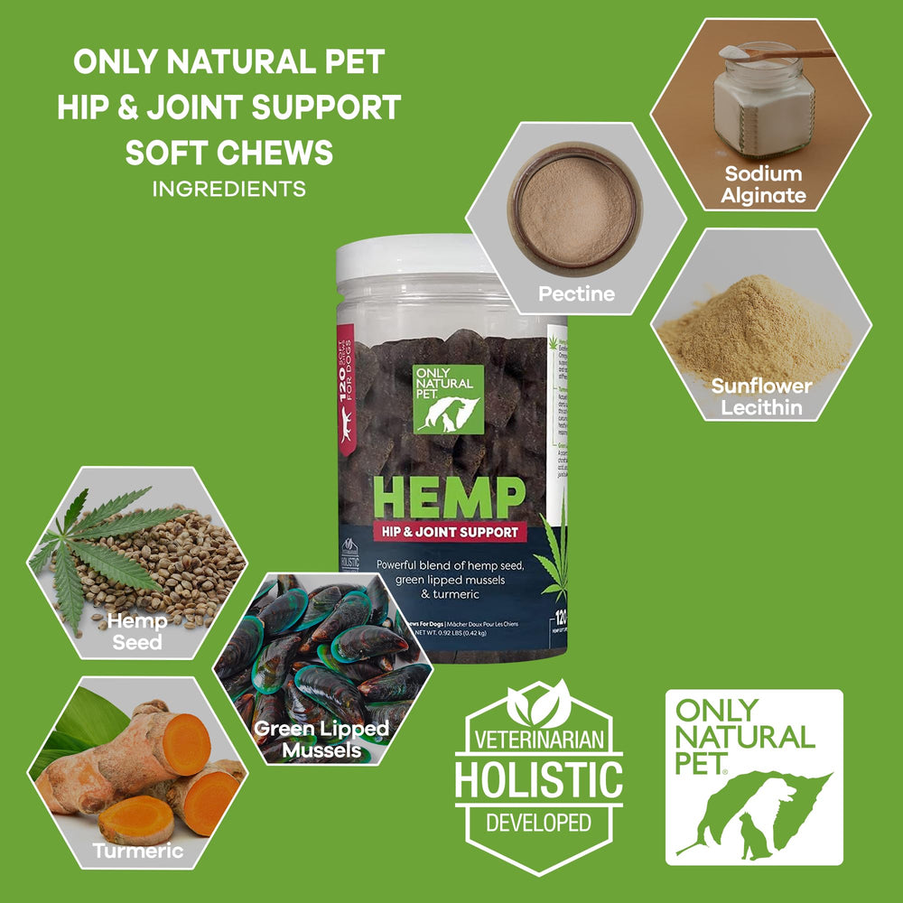 Only Natural Pet Hemp Hip & Joint chews close-up for joint comfort.