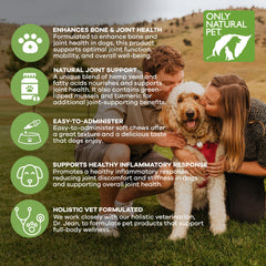 Only Natural Pet Hemp Hip & Joint ingredients with mussels and turmeric support joints.