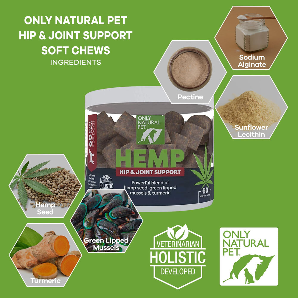Only Natural Pet hip joint support chews closeup showing texture and palatability for dogs.