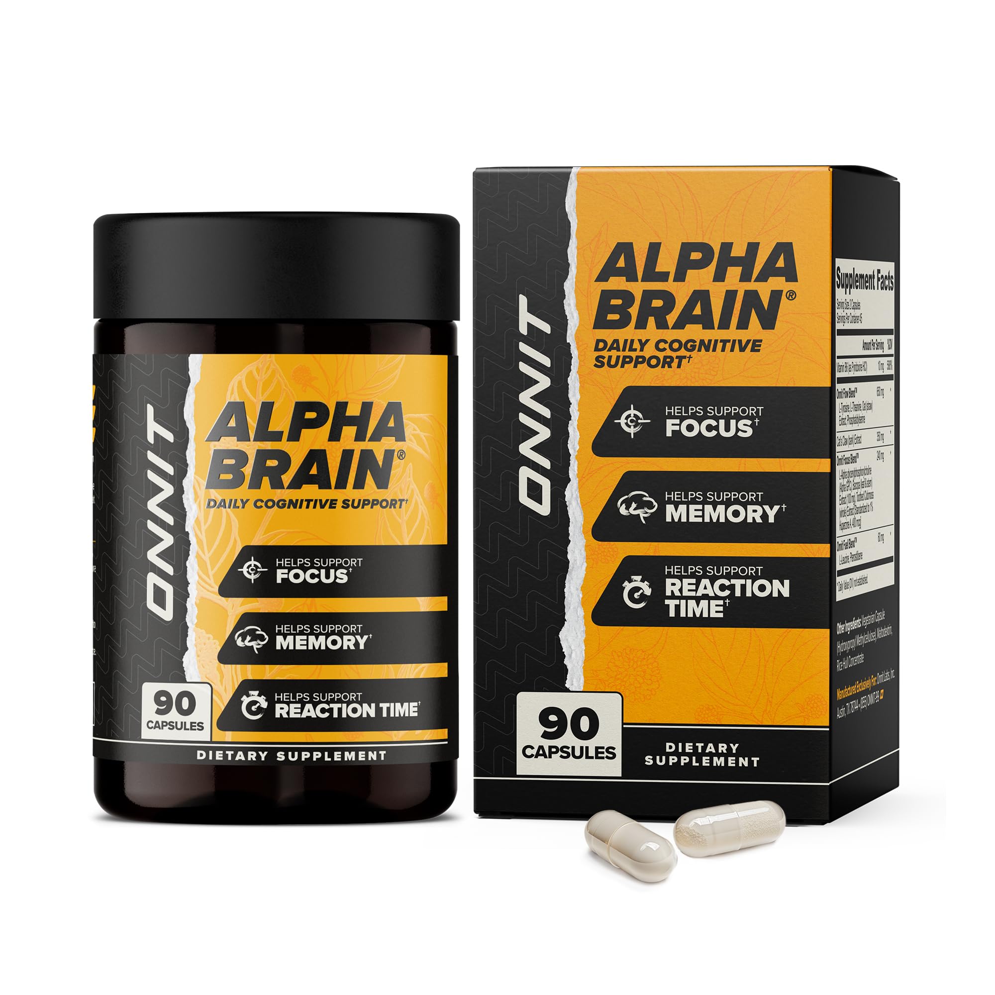ONNIT Alpha Brain bottle packaging shows premium design to support focus.