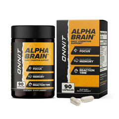 ONNIT Alpha Brain bottle packaging shows premium design to support focus.