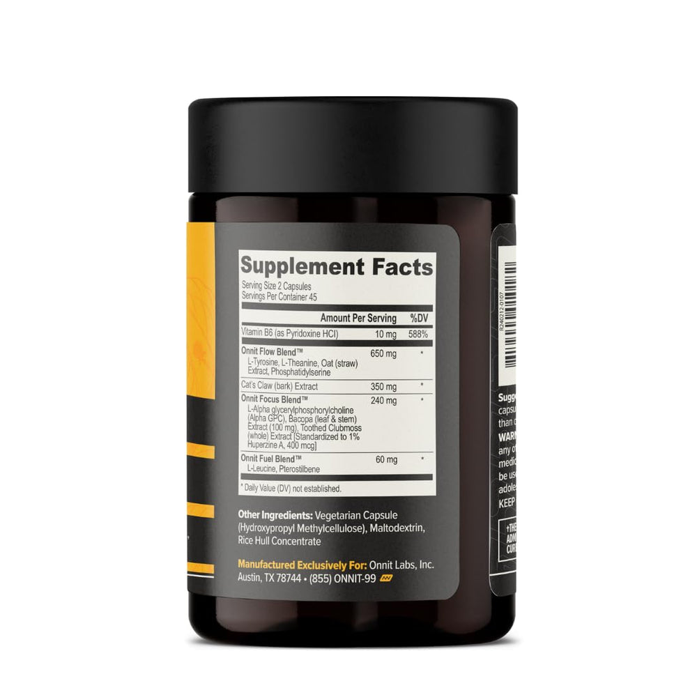 ONNIT Alpha Brain front view bottle on table conveys memory and attention support.