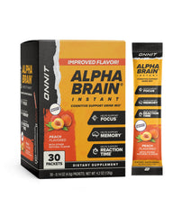 ONNIT Alpha Brain Instant box front, peach flavor, caffeine-free focus aid