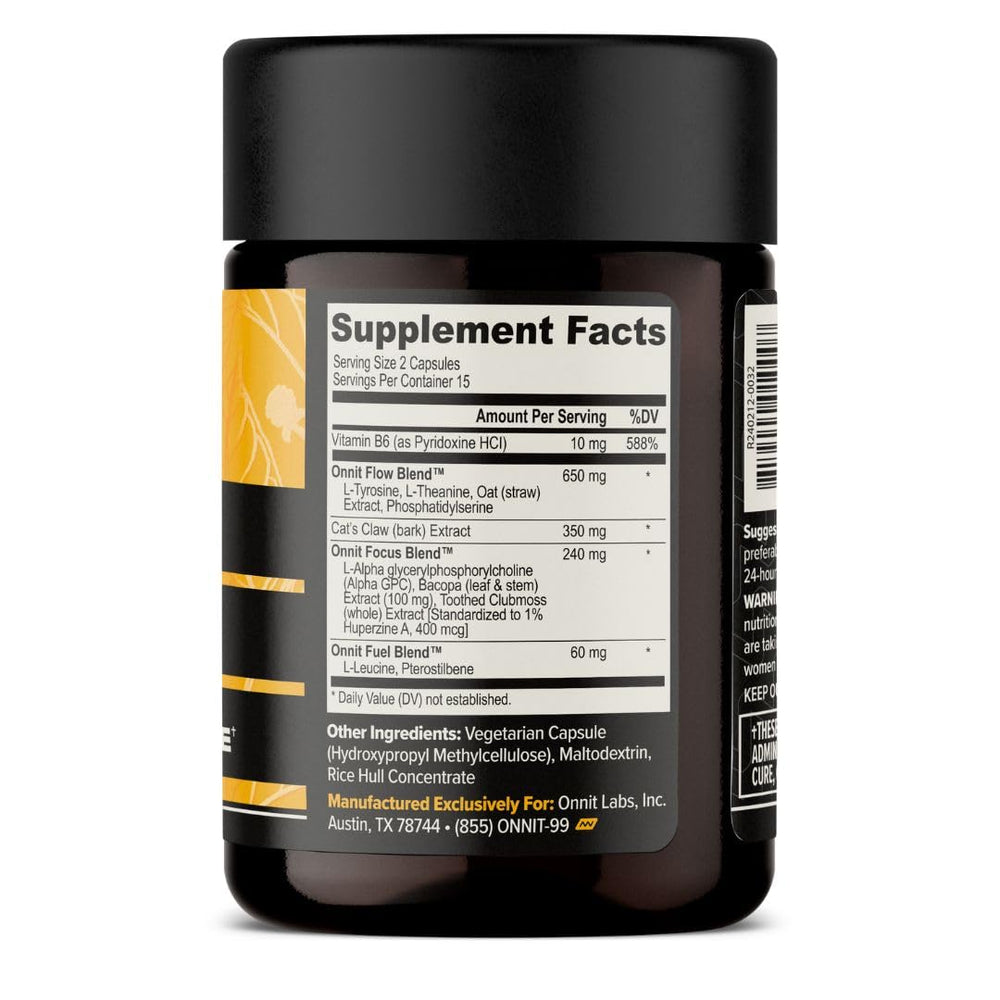 ONNIT Alpha Brain label detail highlights L-Theanine and B6 for cognition.