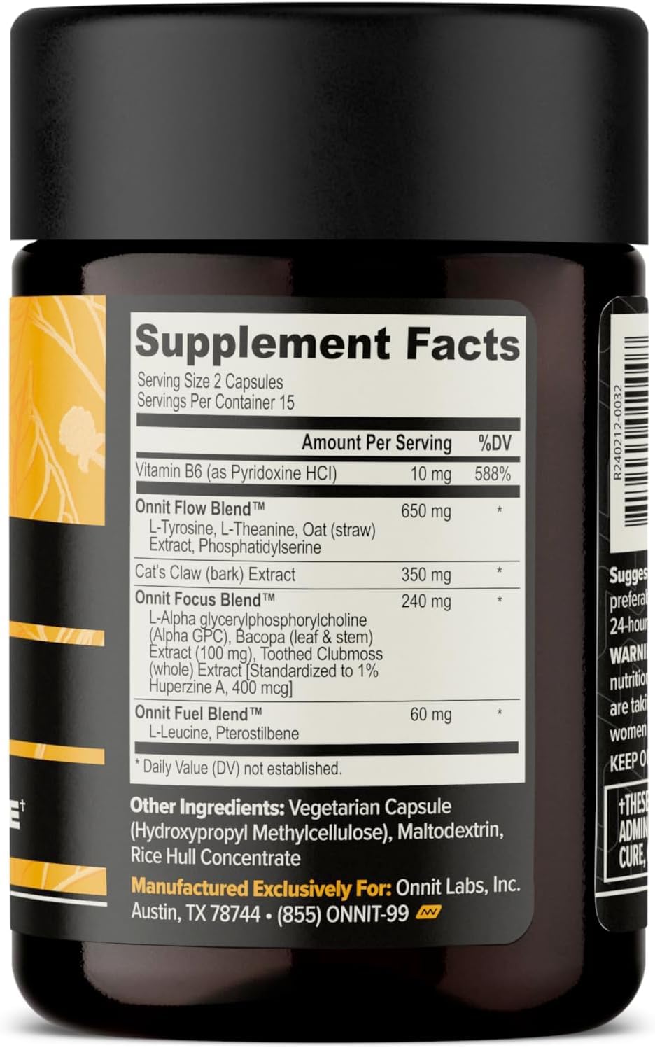 ONNIT Alpha Brain label detail highlighting ingredients for focus support