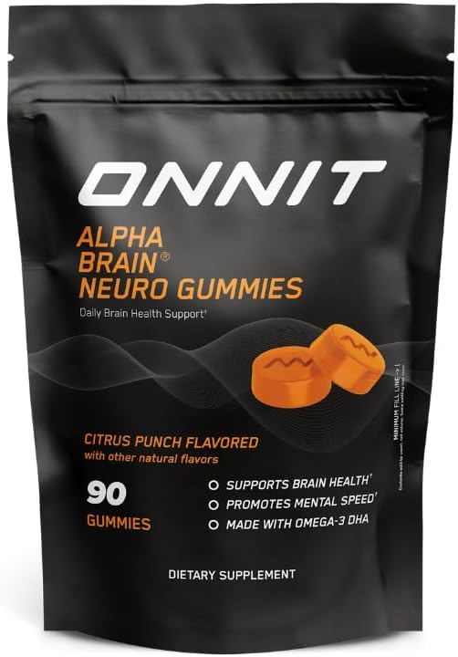 ONNIT Alpha Brain Neuro Gummies bottle shown for convenient daily focus support.