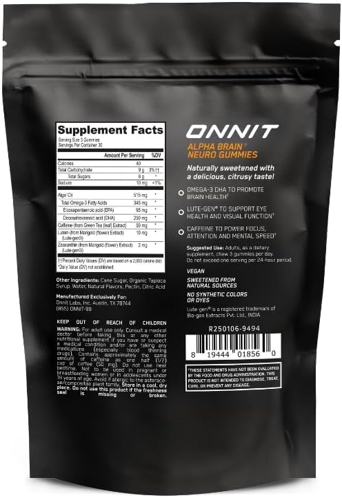 ONNIT Alpha Brain Neuro Gummies label closeup highlighting vegan omega-3 and lutein.