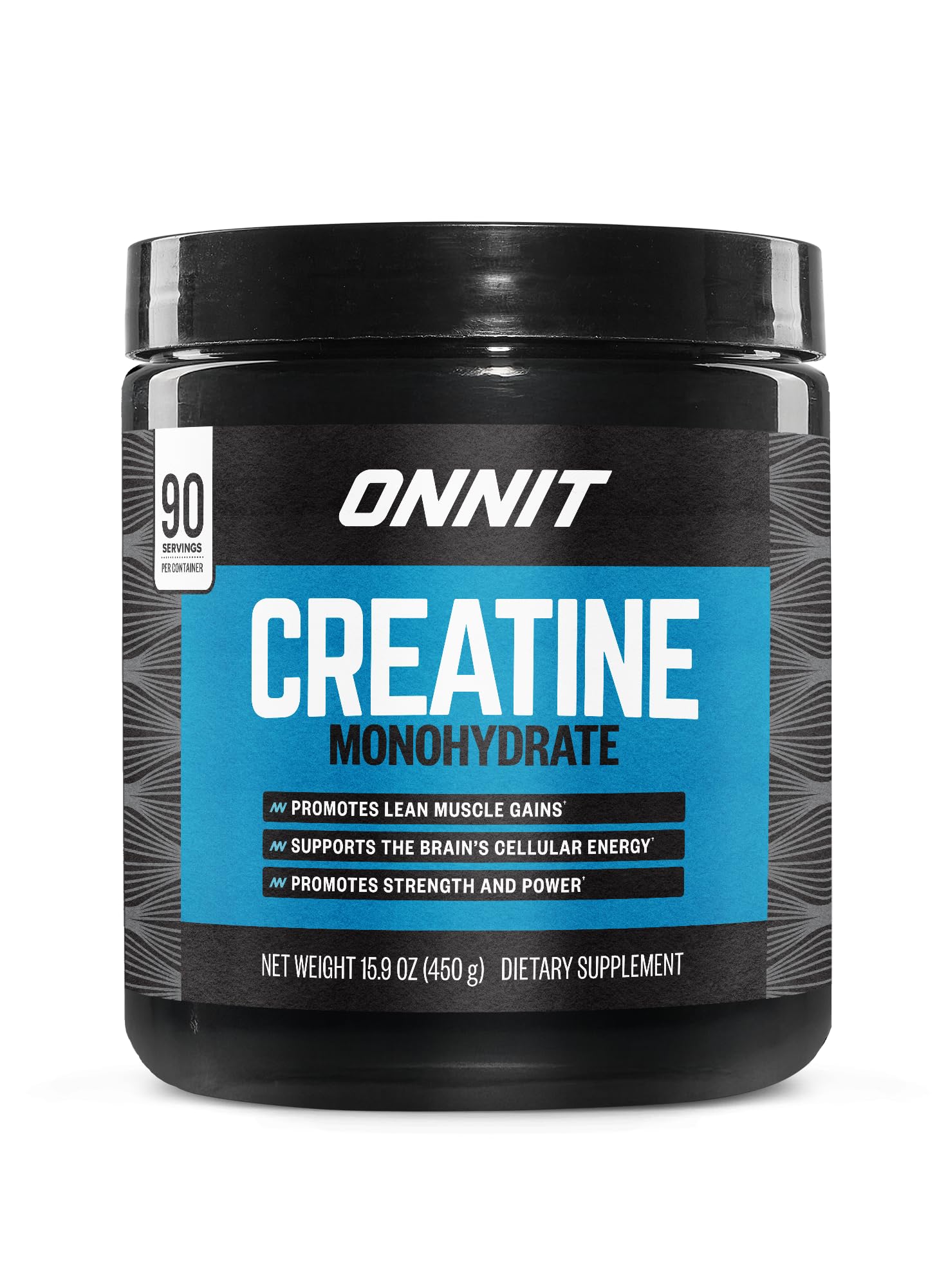 ONNIT Creatine Monohydrate Powder bottle with clear label for bulk value and convenience.
