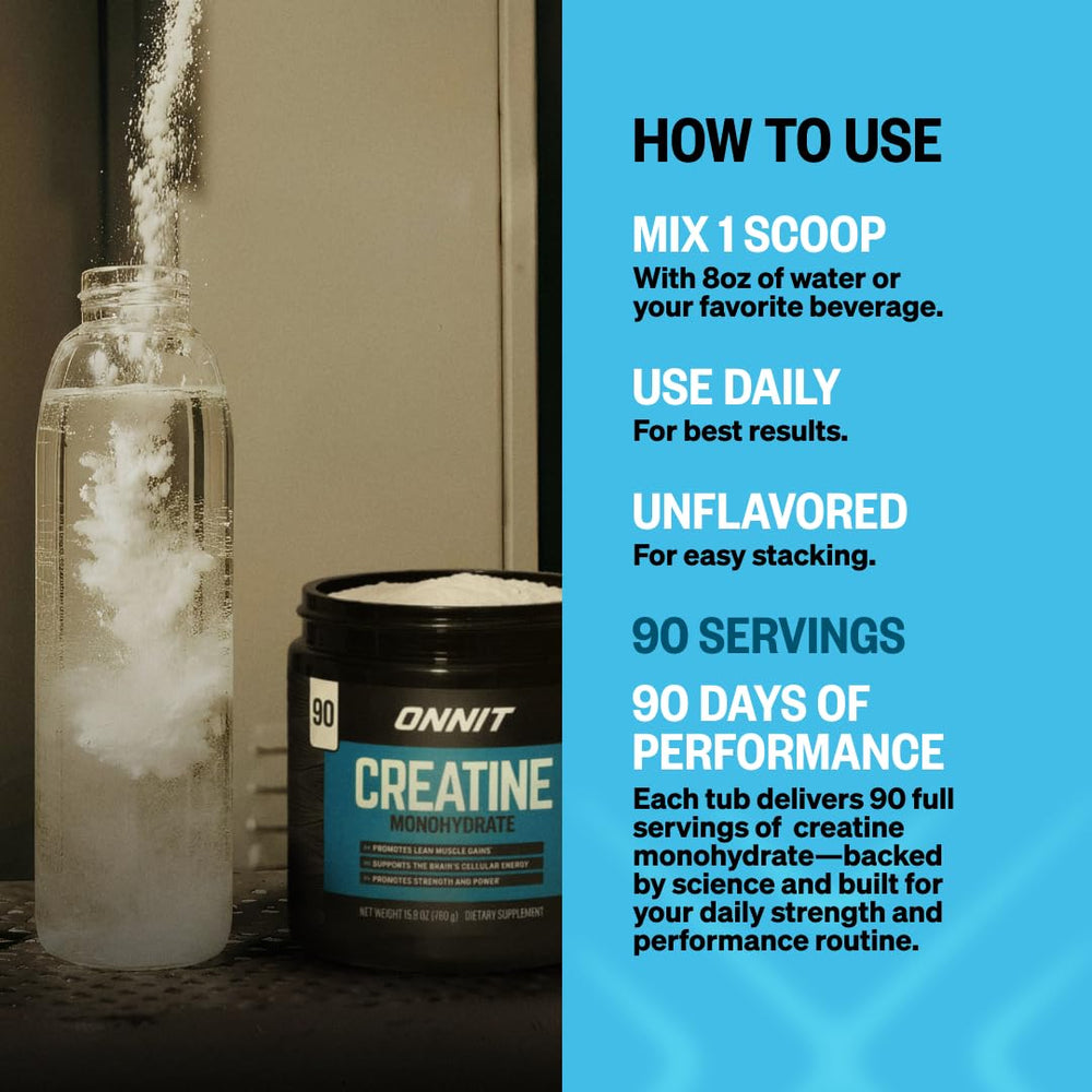 ONNIT Creatine Monohydrate Powder with stack image highlights versatile supplementation.