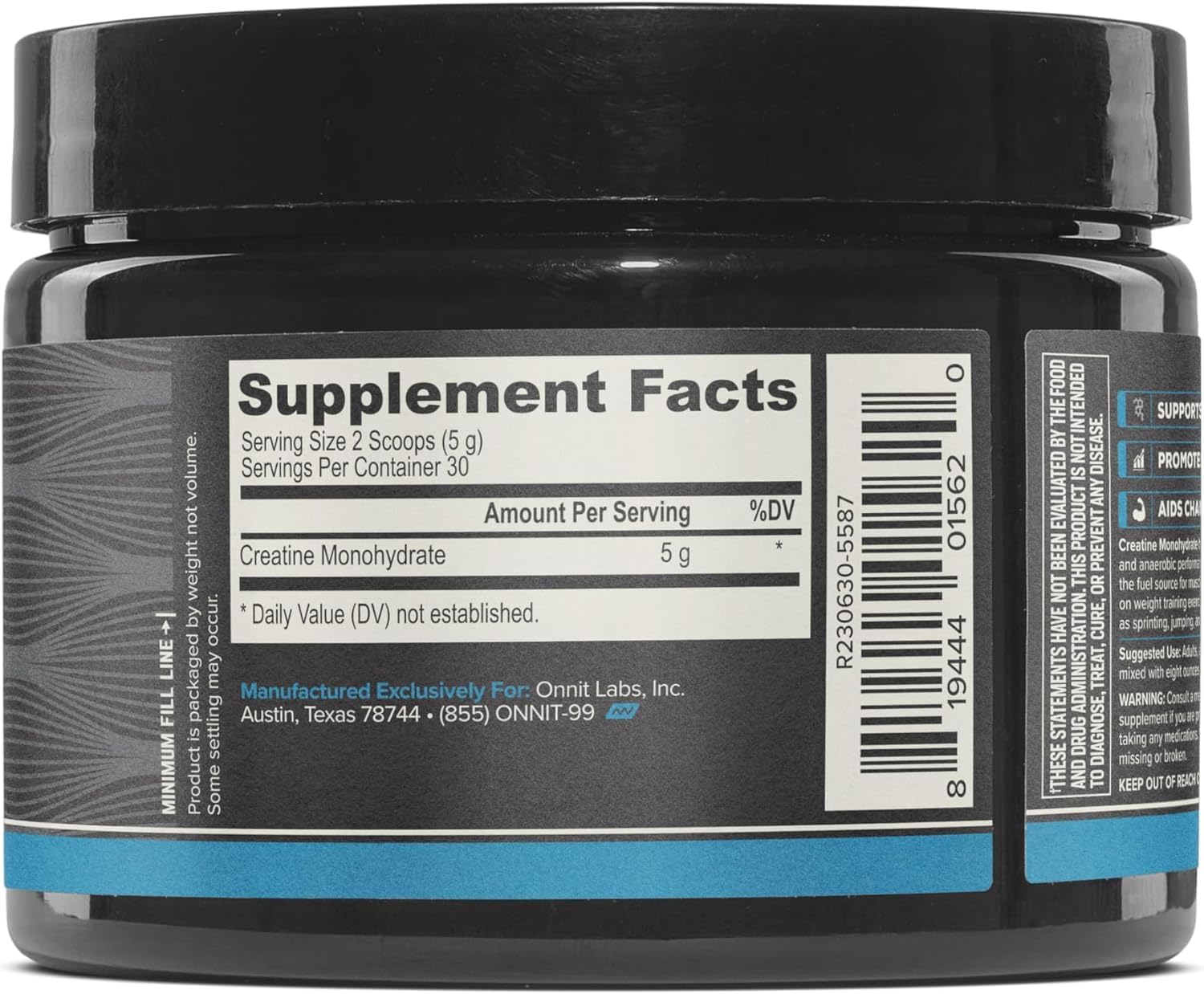 ONNIT Creatine Monohydrate Powder tub on shelf showing Non-GMO certification.