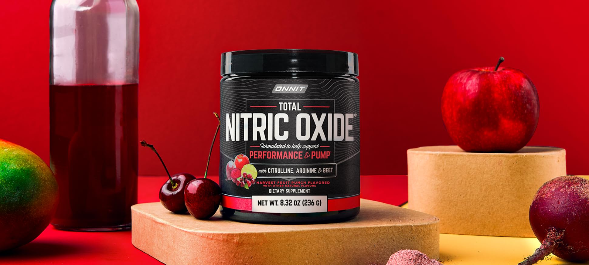ONNIT Harvest Fruit Punch flavor powder canister boosts taste-friendly pre-workout sipping.