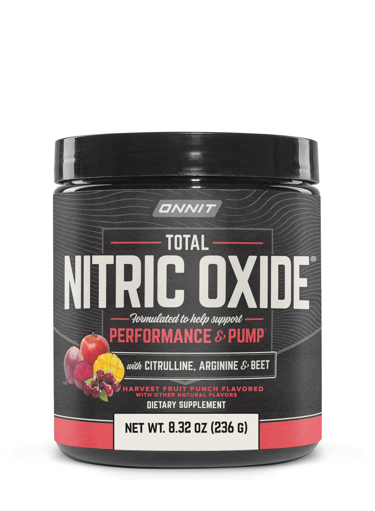 ONNIT Total Nitric Oxide pre-workout tub featuring Harvest Fruit Punch, ready to fuel workouts.