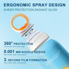 ONSART mineral sunscreen spray delivering a fine mist for quick beach applications.