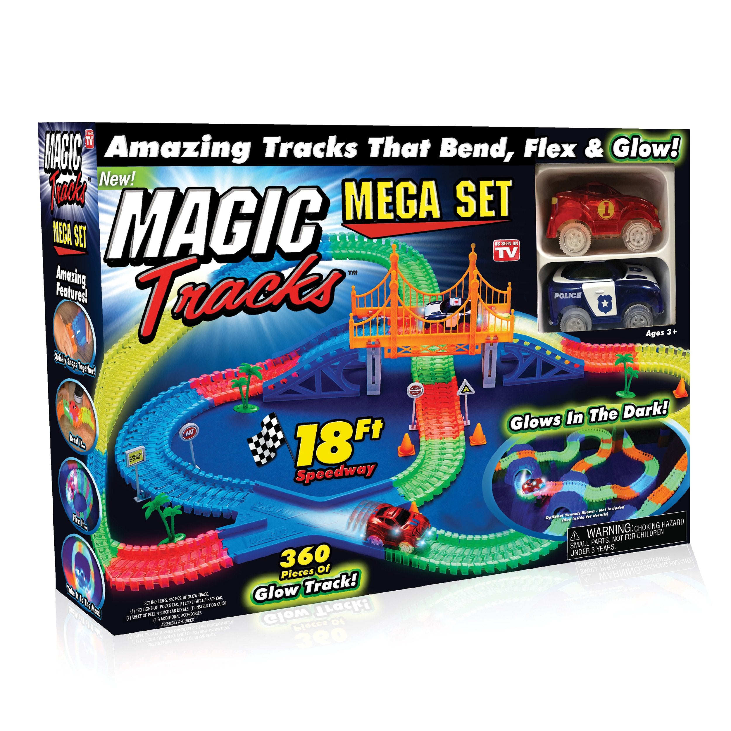 Ontel Magic Tracks Mega Set with 2 LED cars on glow-in-the-dark, bendable racetrack for creative play