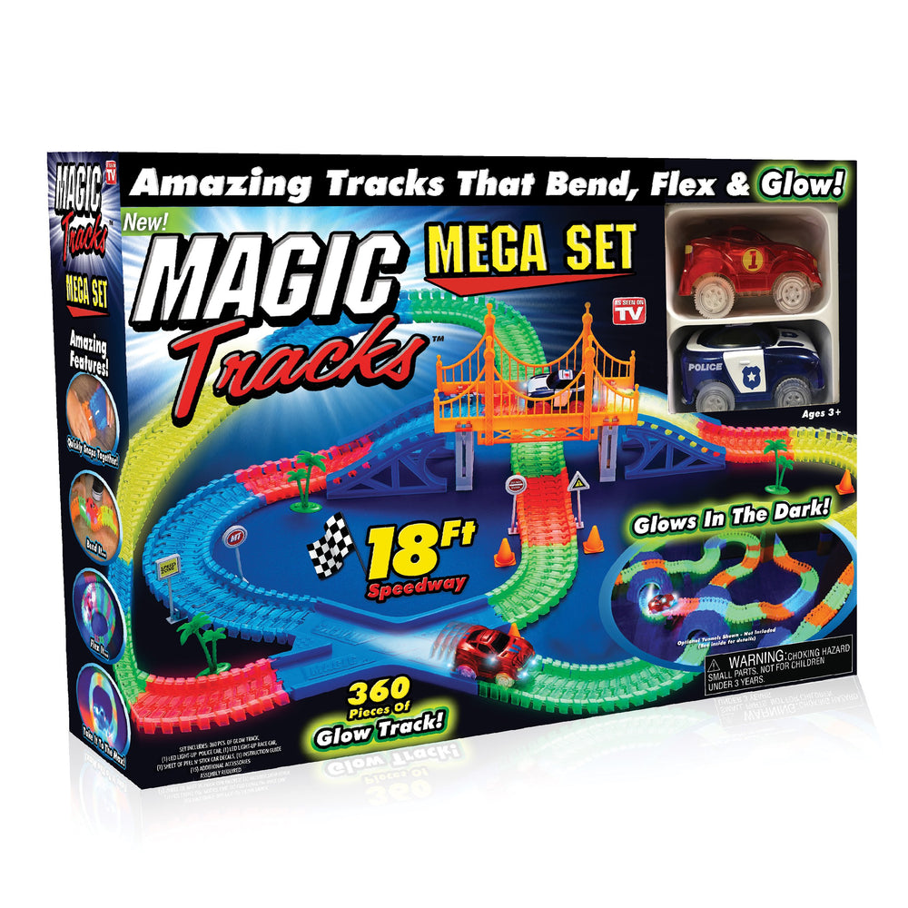 Ontel Magic Tracks Mega Set with 2 LED cars on glow-in-the-dark, bendable racetrack for creative play